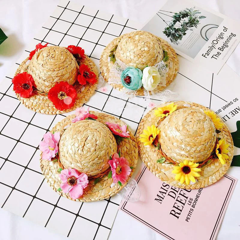 9cm Spring Sunflower Floral Cat Straw Hat