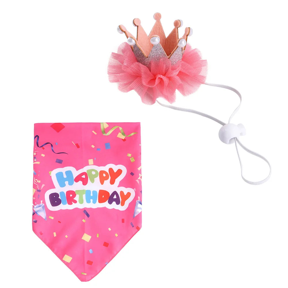 Cat Birthday Dress Up Set Pearl Crown Hat and Triangle Scarf