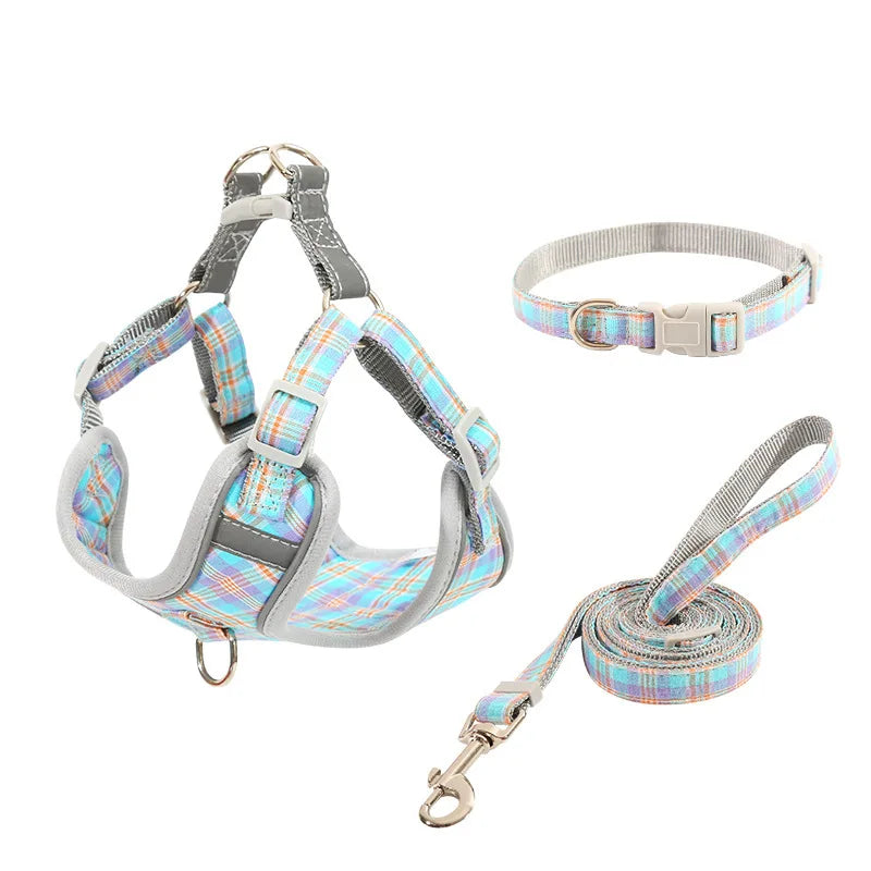 Pet Collar Chest Harness 3 Piece Traction Rope Plaid Cotton Rope Leash
