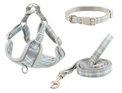 Pet Collar Chest Harness 3 Piece Traction Rope Plaid Cotton Rope Leash