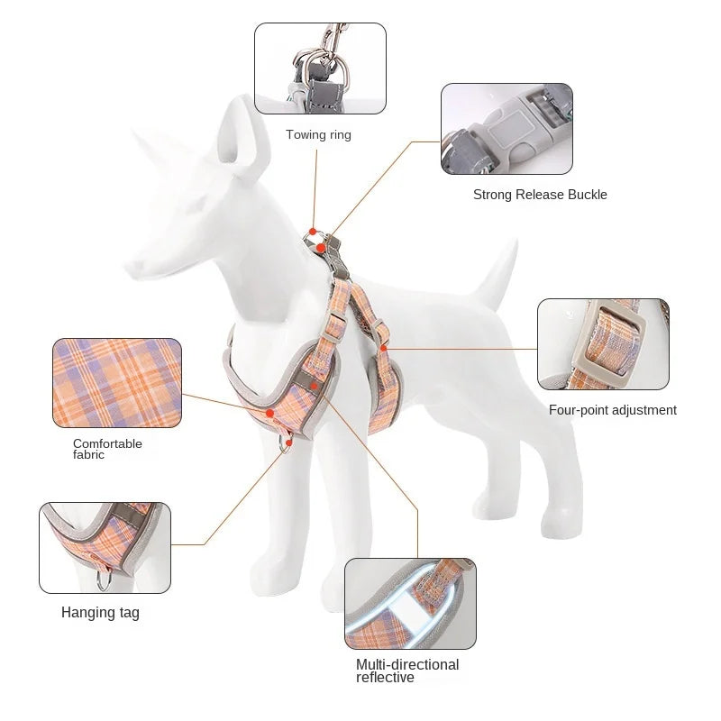Pet Collar Chest Harness 3 Piece Traction Rope Plaid Cotton Rope Leash