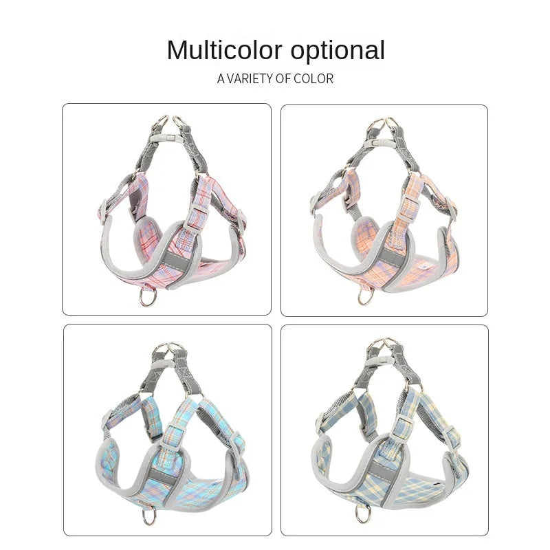 Pet Collar Chest Harness 3 Piece Traction Rope Plaid Cotton Rope Leash