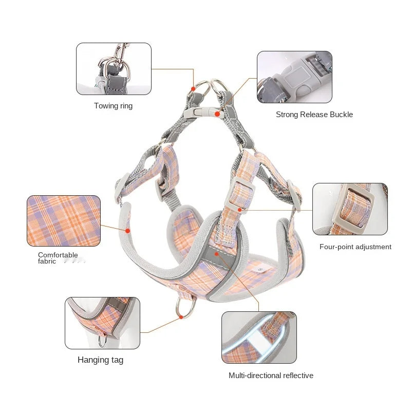 Pet Collar Chest Harness 3 Piece Traction Rope Plaid Cotton Rope Leash
