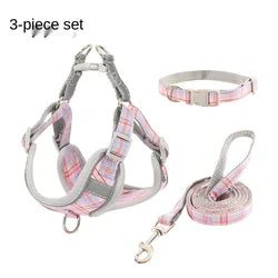 Pet Collar Chest Harness 3 Piece Traction Rope Plaid Cotton Rope Leash