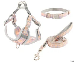 Pet Collar Chest Harness 3 Piece Traction Rope Plaid Cotton Rope Leash