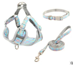 Pet Collar Chest Harness 3 Piece Traction Rope Plaid Cotton Rope Leash