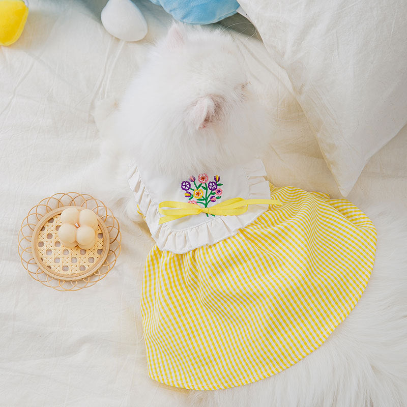 Summer Embroidered Plaid Pet Skirt Kitten Breathable Cat Skirt