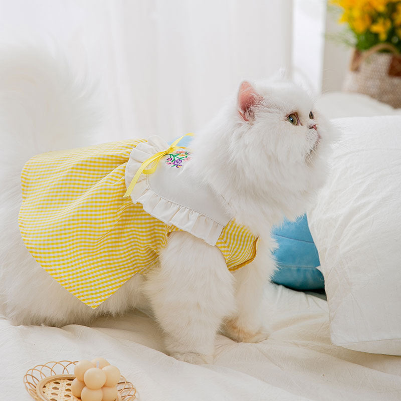 Summer Embroidered Plaid Pet Skirt Kitten Breathable Cat Skirt