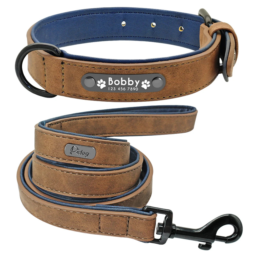 Customized Dogs Collars Personalized Padded Leather Collar With Walking Leash