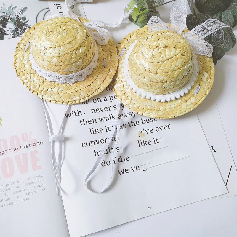 Lace Straw Cat Summer Hats Pet Cap Headgear