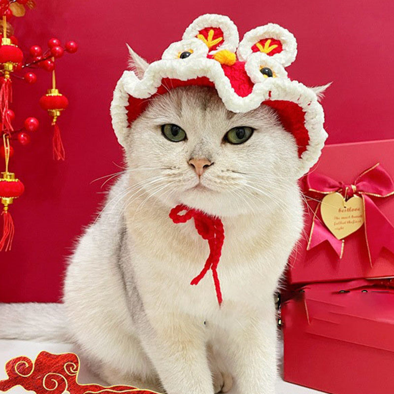 Chinese New Year Style Red Woolen Cat Hats Pet Cap