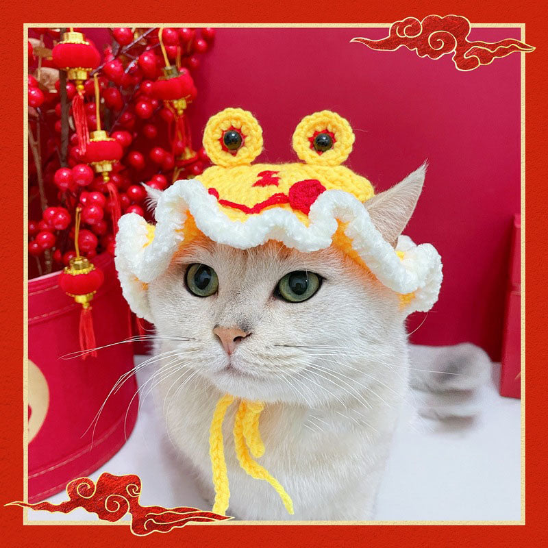 Chinese New Year Style Red Woolen Cat Hats Pet Cap