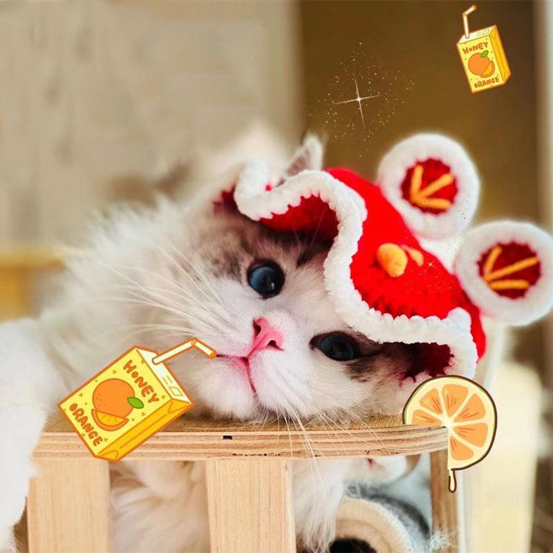 Chinese New Year Style Red Woolen Cat Hats Pet Cap