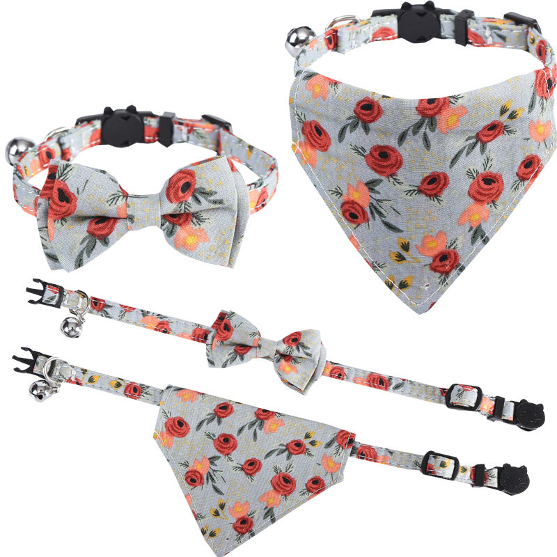 Floral Printed Cat Collars Triangle Scarf Set Pet Bandanas Bibs