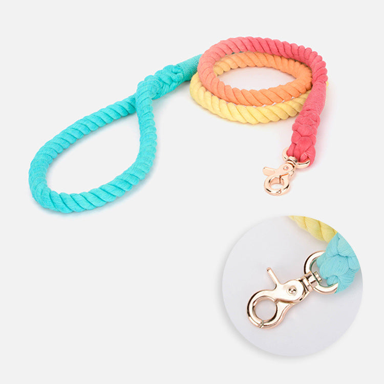 Pet Gradient Cotton Rope Leather Dog Collar Leash Traction Rope