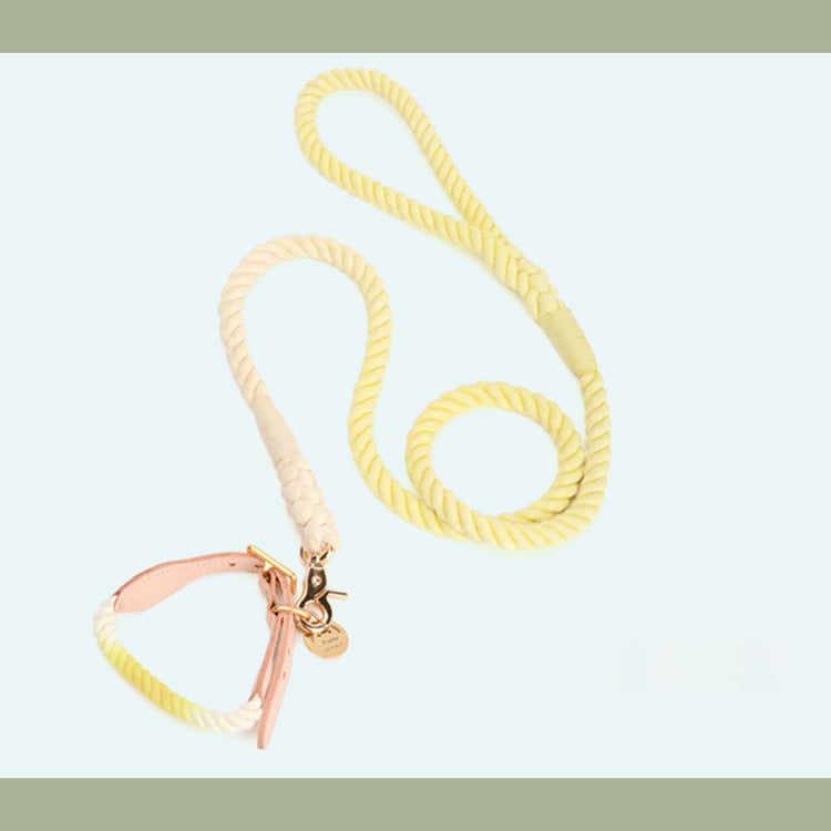 Pet Gradient Cotton Rope Leather Dog Collar Leash Traction Rope