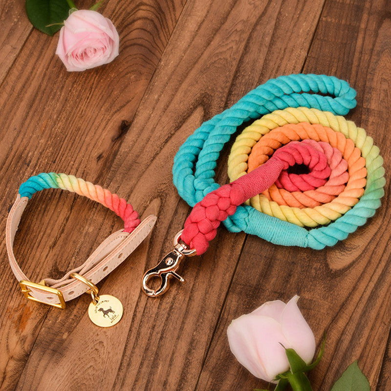 Pet Gradient Cotton Rope Leather Dog Collar Leash Traction Rope