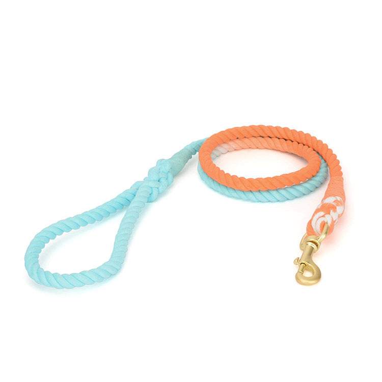Pet Gradient Cotton Rope Leather Dog Collar Leash Traction Rope