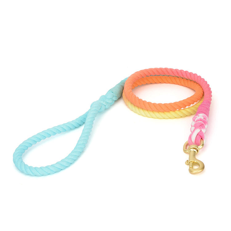 Pet Gradient Cotton Rope Leather Dog Collar Leash Traction Rope
