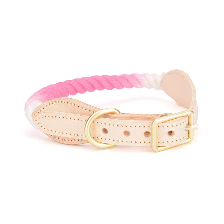 Pet Gradient Cotton Rope Leather Dog Collar Leash Traction Rope