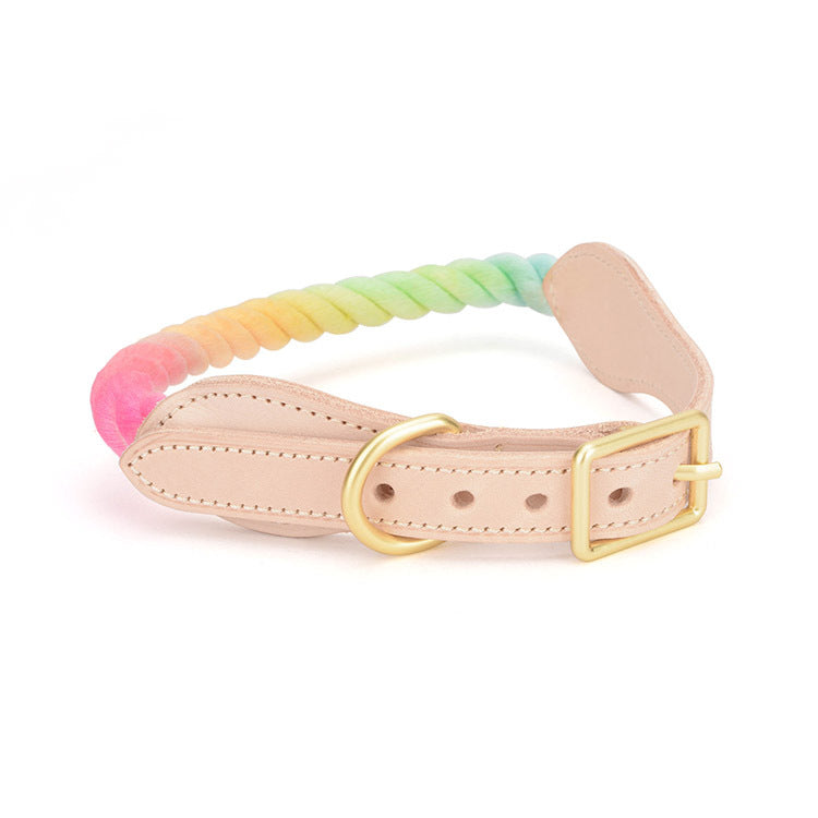 Pet Gradient Cotton Rope Leather Dog Collar Leash Traction Rope