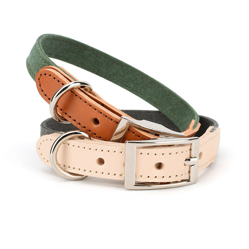 Pet Canvas Leather Dog Leash Collar Foldable Bowl and Pooper Bag Set