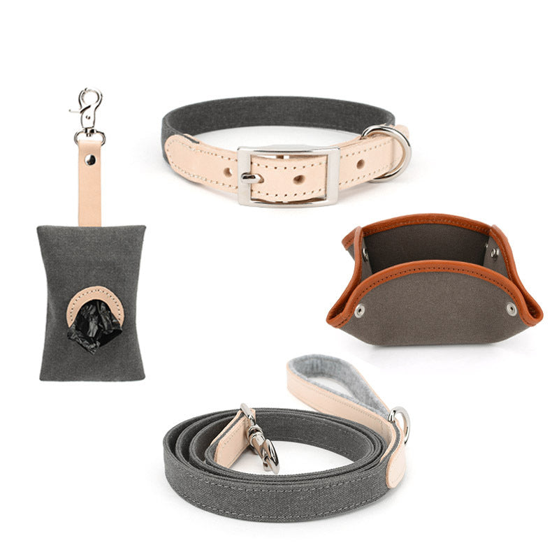 Pet Canvas Leather Dog Leash Collar Foldable Bowl and Pooper Bag Set