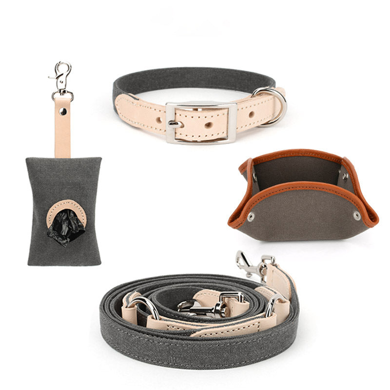 Pet Canvas Leather Dog Leash Collar Foldable Bowl and Pooper Bag Set