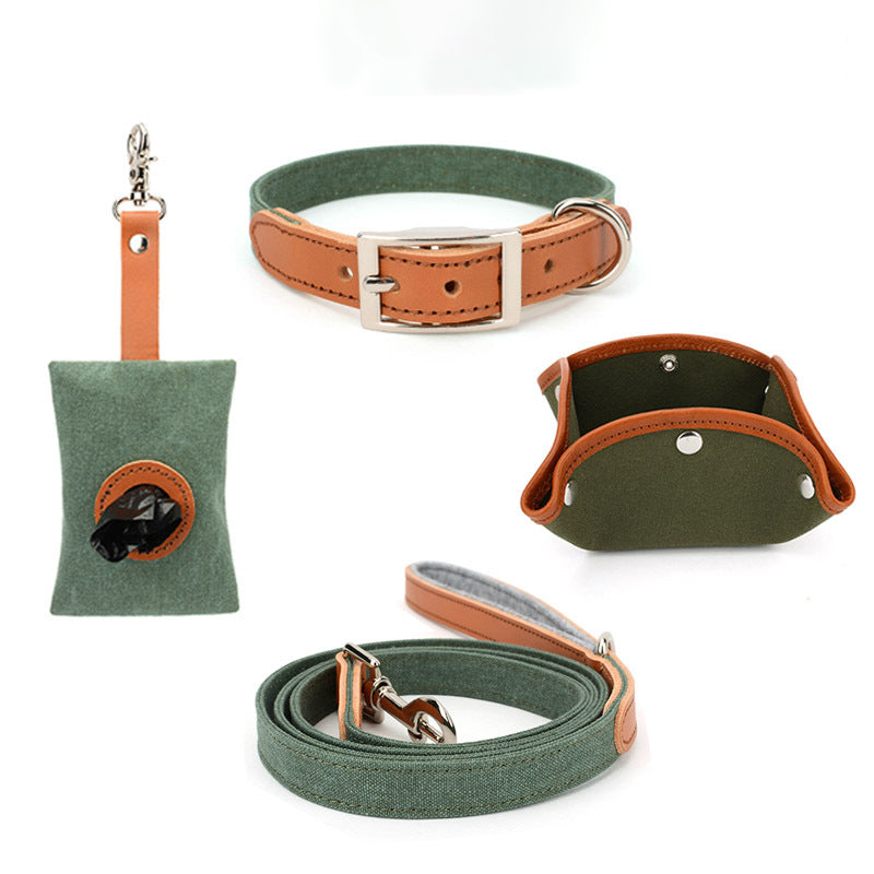 Pet Canvas Leather Dog Leash Collar Foldable Bowl and Pooper Bag Set
