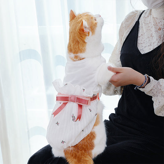 Hoopet White Bowknot Cotton Princess Summer Spring Girl Cat Dog Dress Pets Clothes
