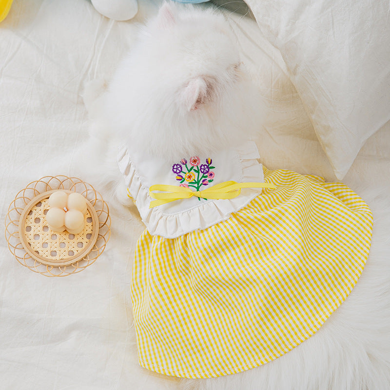 Summer Embroidered Plaid Pet Skirt Kitten Breathable Cat Skirt