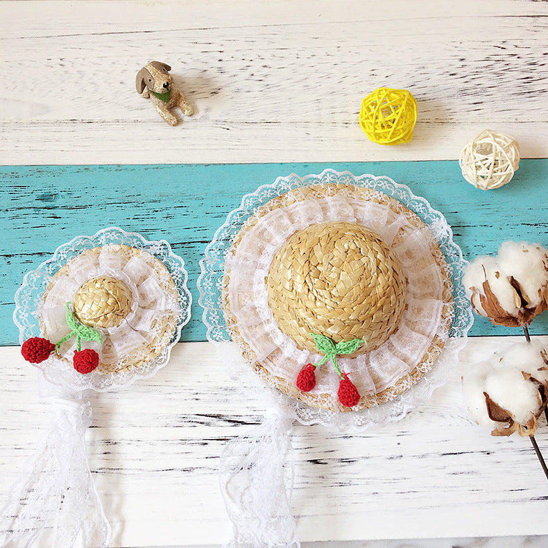 Lace Flower Hat Cat Dog Spring and Summer Sun Shade Straw Hat