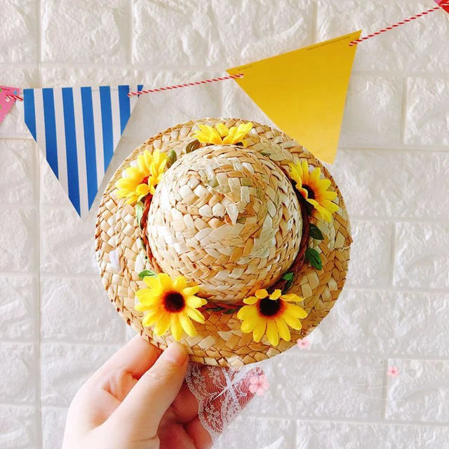 9cm Spring Sunflower Floral Cat Straw Hat