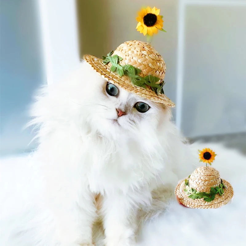 9cm Spring Sunflower Floral Cat Straw Hat