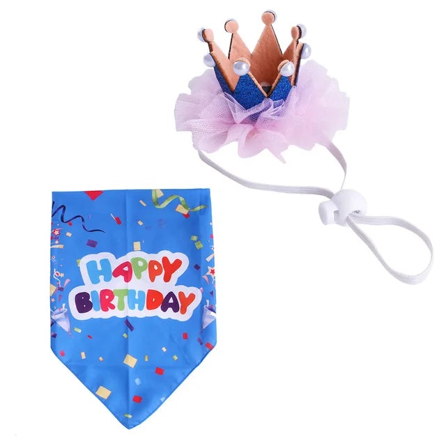Cat Birthday Dress Up Set Pearl Crown Hat and Triangle Scarf