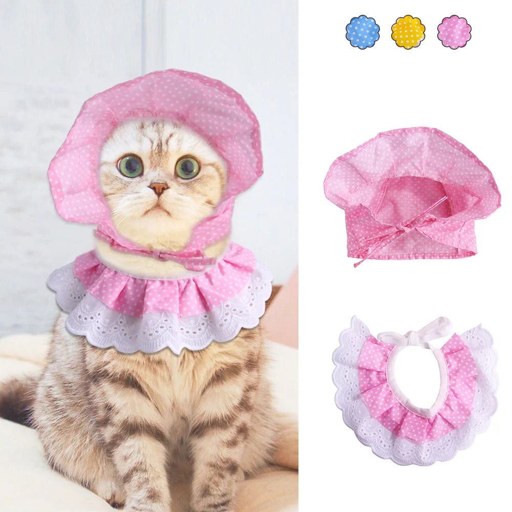 Pet Cat Lace Scarf Hat Set Cute Polka Dot Saliva Towel Pet Lace Hat