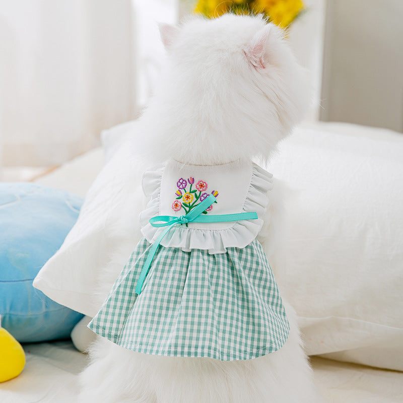 Summer Embroidered Plaid Pet Skirt Kitten Breathable Cat Skirt