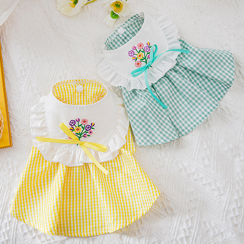 Summer Embroidered Plaid Pet Skirt Kitten Breathable Cat Skirt