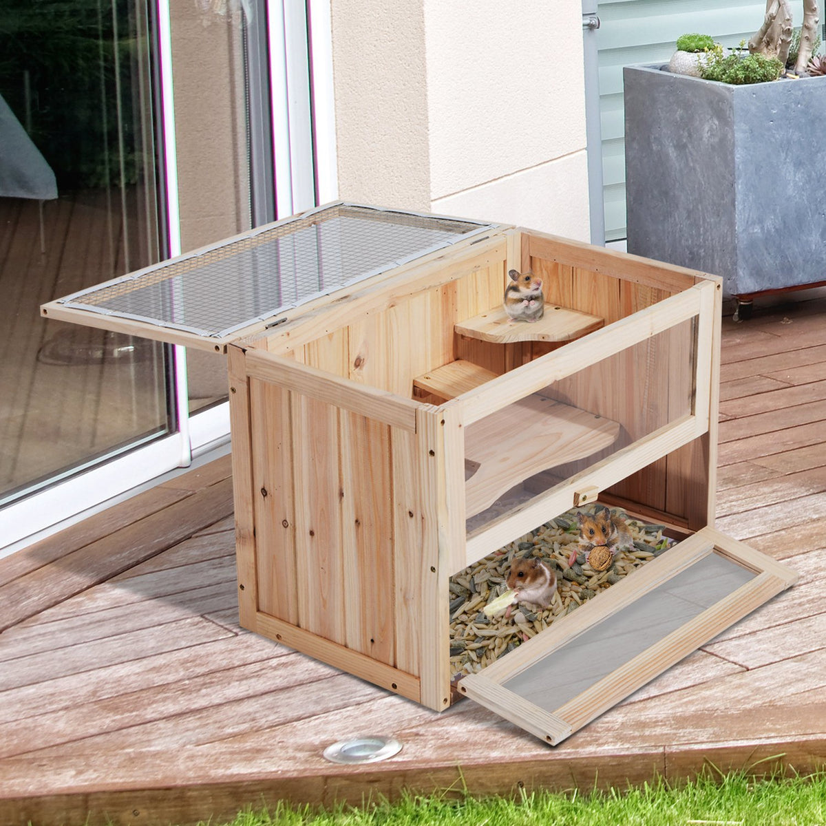 PawHut Wooden Hamster Cage 2 Levels Small Animals - [[Product type]] | Buffy's