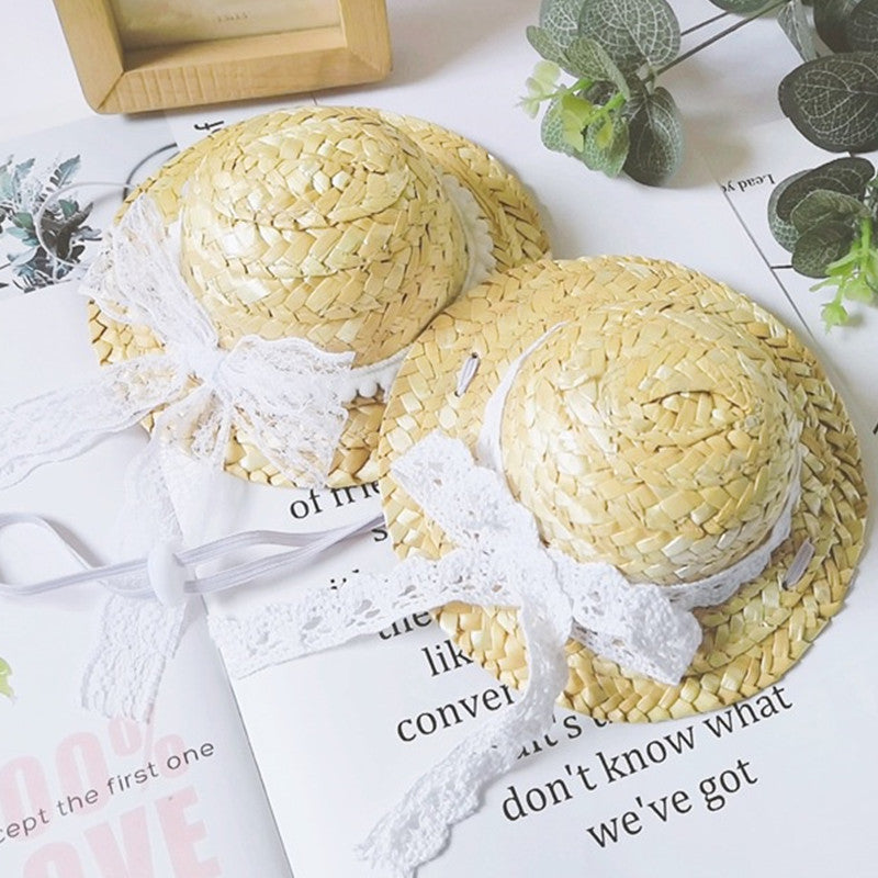 Lace Straw Cat Summer Hats Pet Cap Headgear