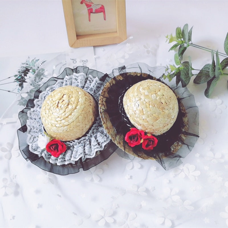 Lace Straw Cat Summer Hats Pet Cap Headgear