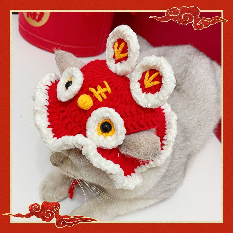 Chinese New Year Style Red Woolen Cat Hats Pet Cap