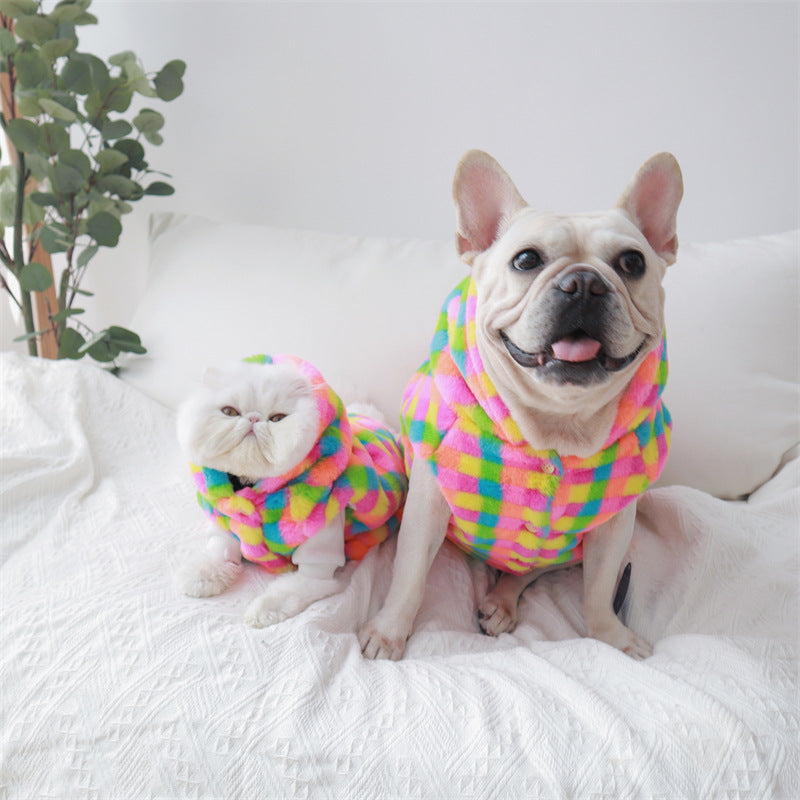 Colorful Plaid Plush Pet Coat Dog Cat Winter Warm Jacket Clothes