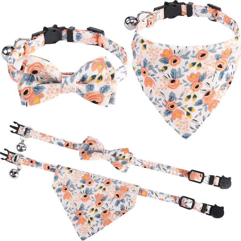 Floral Printed Cat Collars Triangle Scarf Set Pet Bandanas Bibs