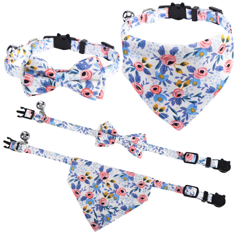 Floral Printed Cat Collars Triangle Scarf Set Pet Bandanas Bibs