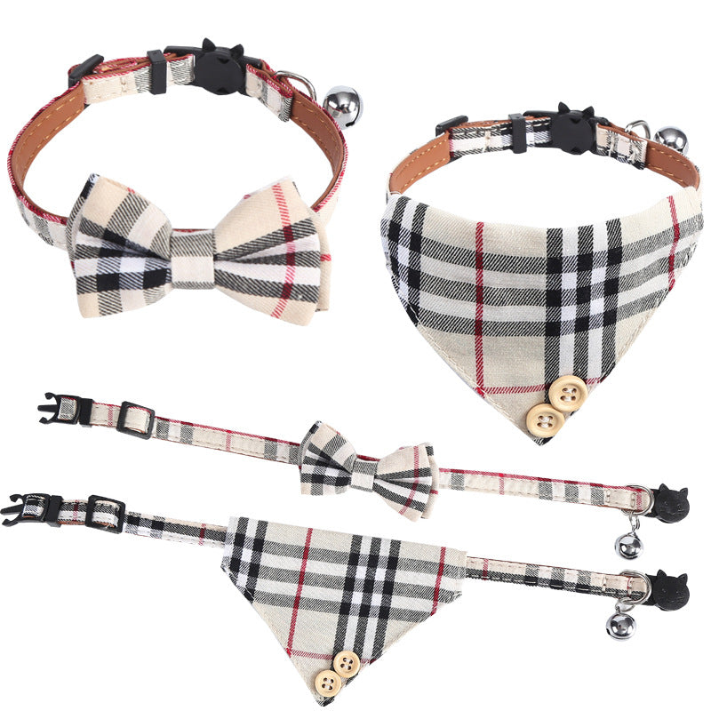 Khaki Plaid Printed Pet Cat Collar Bandana Triangle Scarf