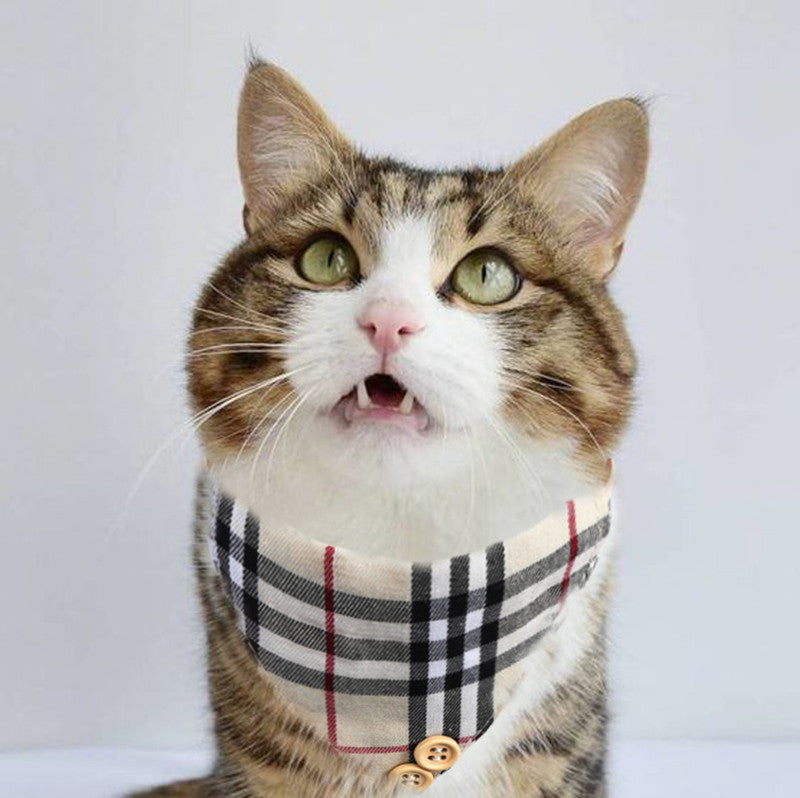 Khaki Plaid Printed Pet Cat Collar Bandana Triangle Scarf