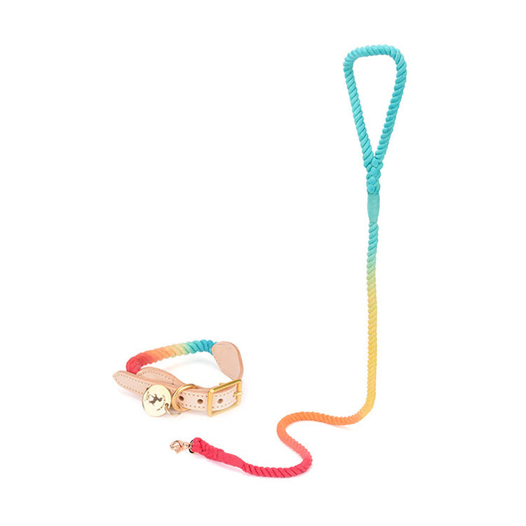 Pet Gradient Cotton Rope Leather Dog Collar Leash Traction Rope