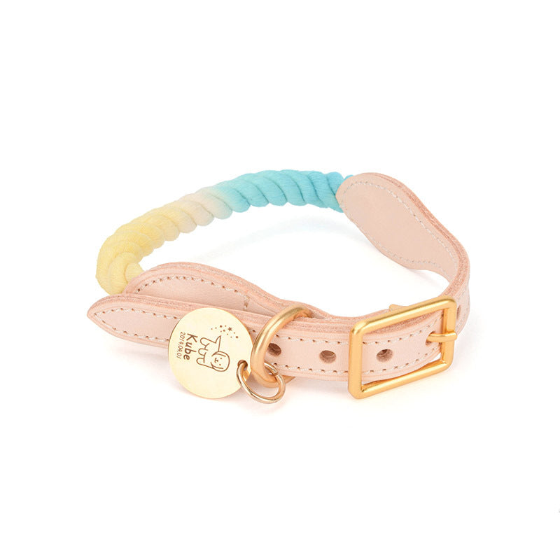 Pet Gradient Cotton Rope Leather Dog Collar Leash Traction Rope
