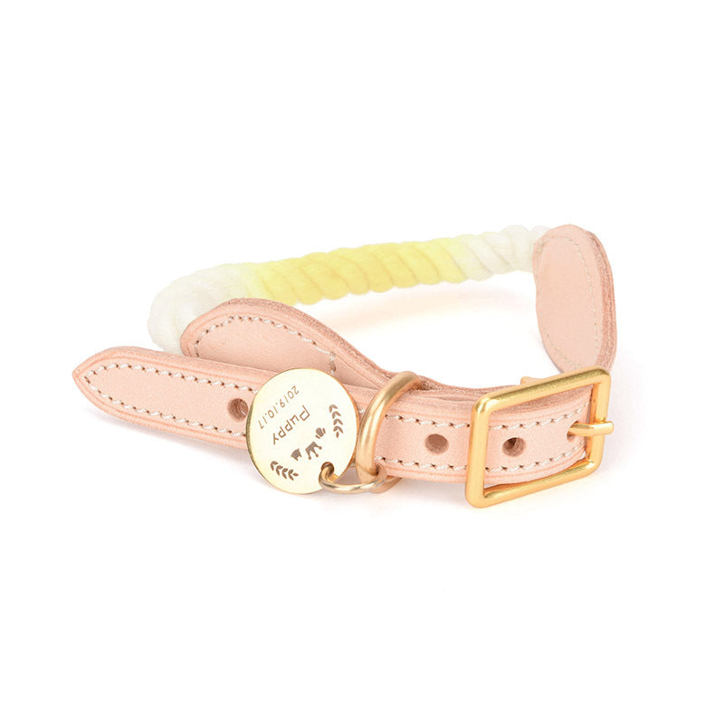 Pet Gradient Cotton Rope Leather Dog Collar Leash Traction Rope